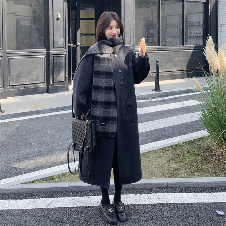 灰色围巾款双面毛呢外套女冬季新款韩版长款高级感气质羊毛大衣图片
