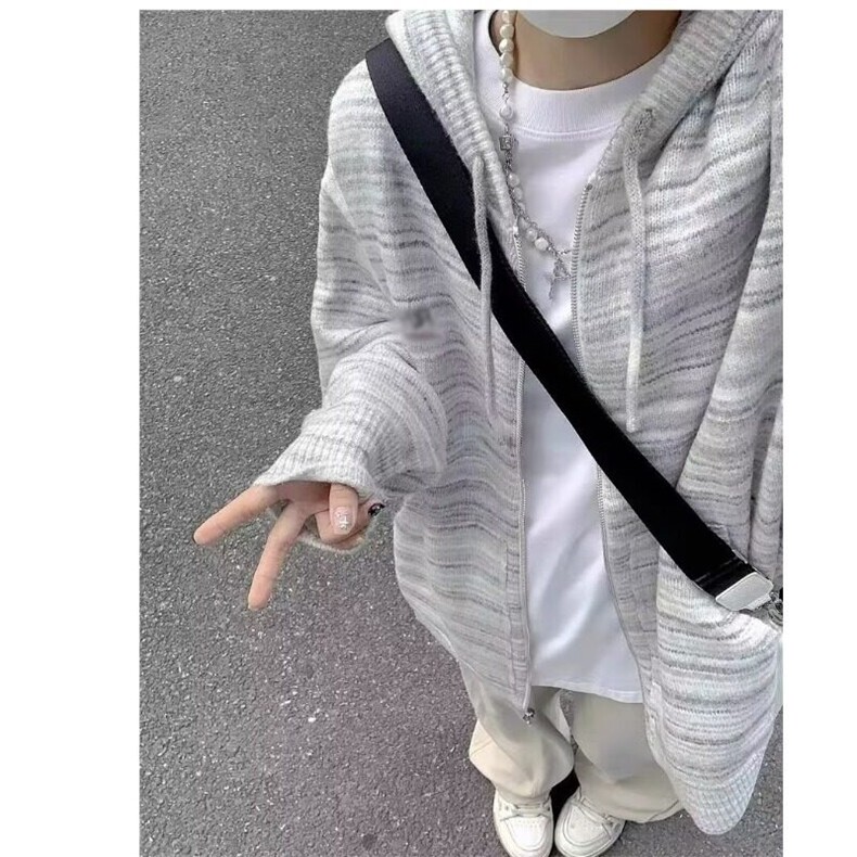 彩虹条纹2024新款女连帽针织开衫外套春秋宽松慵懒风秋冬毛衣图片