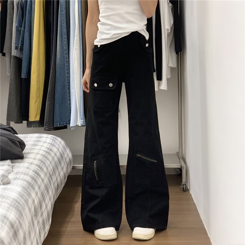 美式街头黑色显瘦拉链工装牛仔裤女春秋高腰直筒宽松百搭长裤,男装牛仔裤,星座506A