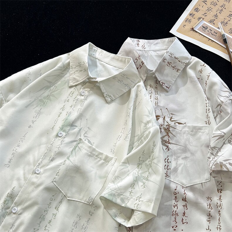 特批P25无差价夏季新中式冰丝垂感印花设计感五分袖衬衣男CD2266图片