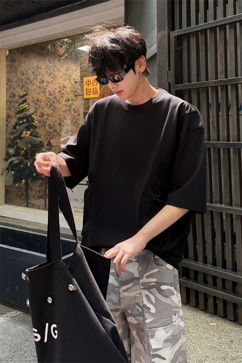 夏季2025年新款拼接口袋短袖T恤男女同款宽松美式oversize特P42,男装T恤,电商B319