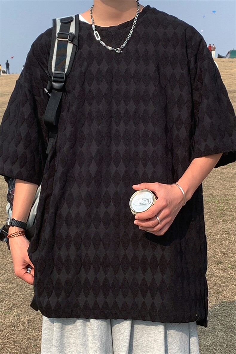 T8043/P30夏季中性风重磅个性菱形格子短袖T恤男大码开叉上衣,男装T恤,电商A141