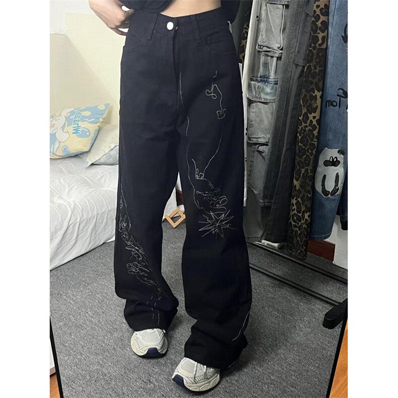 设计感小众手绘图案刺绣牛仔裤男复古渐变宽松直筒阔腿裤NU52,男装牛仔裤,星座1116A（原606A-3）