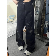 设计感小众手绘图案刺绣牛仔裤男复古渐变宽松直筒阔腿裤NU52，男装牛仔裤，星座1116A（原606A-3）