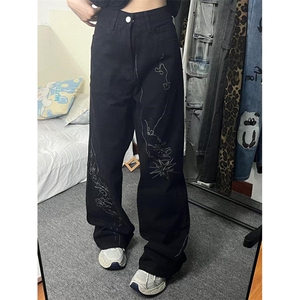 设计感小众手绘图案刺绣牛仔裤男复古渐变宽松直筒阔腿裤 NU52图片