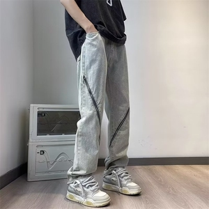 拉链牛仔裤男款春季薄款阔腿裤痞帅高街宽松复古裤子N2230