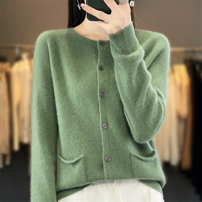 一线成衣100%纯羊毛开衫女圆领带兜纯色针织外套毛衣宽松羊绒上衣,针织衫/毛衣,暖烁羊绒