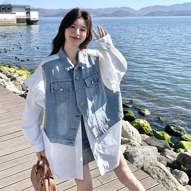 氧气感米白色撞色牛仔拼接衬衫外套女2025新款爆款春秋流行穿搭,女装衬衫,维壹