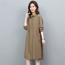 2022春季新款简约时尚气质衬衫领宽松休闲舒适棉麻连衣裙，女装连衣裙，独衣靓