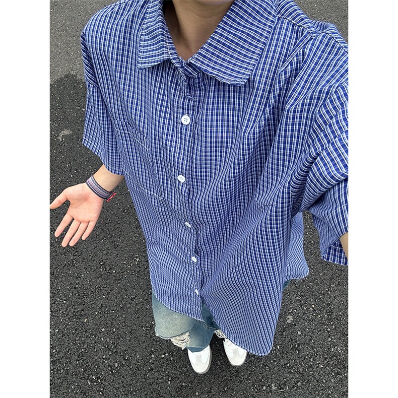 格子衬衫春夏美式短袖衬衫港风情侣装休闲衬衣CS286-P30,男装衬衫,星座301C-5