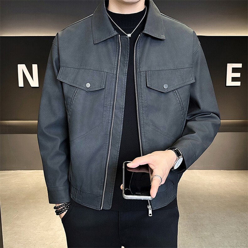 25880-P145-M-4XL店主风秋季假口袋设计男士翻领皮衣夹克休闲外套图片
