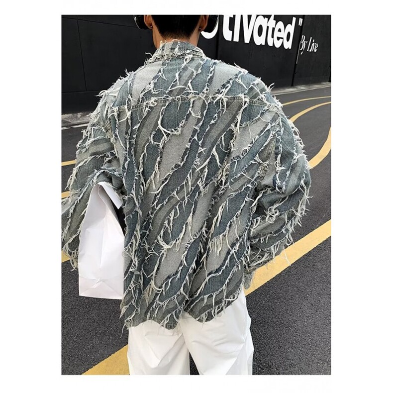 毛边拼色水洗牛仔衬衣外套流苏设计感炸街网红衬衫外套J3502-p75,男装衬衫,星座1001-1
