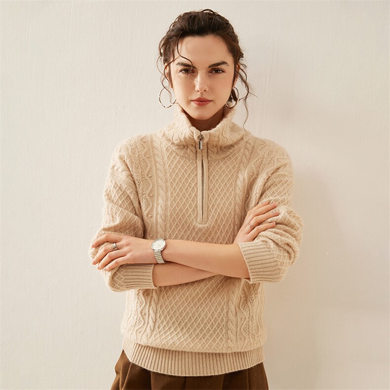 2025年秋季半开领常规款套头单件长袖落肩袖针织衫时尚百搭，女装针织衫/毛衣，溪贝羊绒