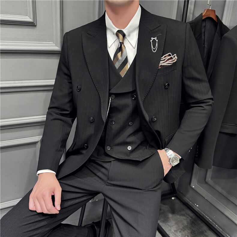 高品质色织暗条纹戗驳领双排扣西服三件套黑色SJT8063-P295,男装西服套装,电商A213