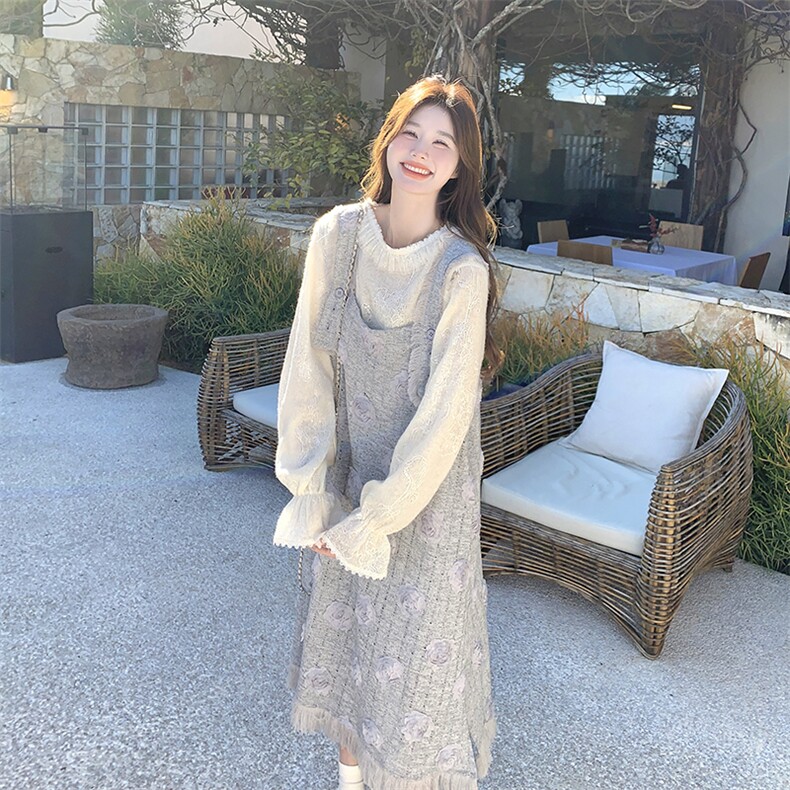 森系度假风背带连衣裙套装女2025春季新款超好看甜美小香风两件套,女装连衣裙,2C198