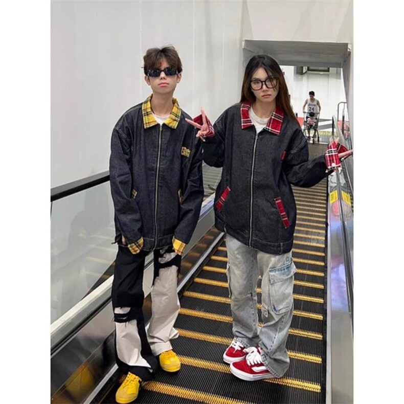 W9605-P70网图现货复古格子翻领拼接美式工装拉链牛仔夹克,男装夹克,星座1608-2