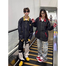 W9605-P70网图现货复古格子翻领拼接美式工装拉链牛仔夹克，男装夹克，星座1608-2