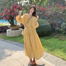 黄色度假风灯笼袖连衣裙女2025夏季新款法式复古高级感气质长裙子，女装连衣裙，2C115