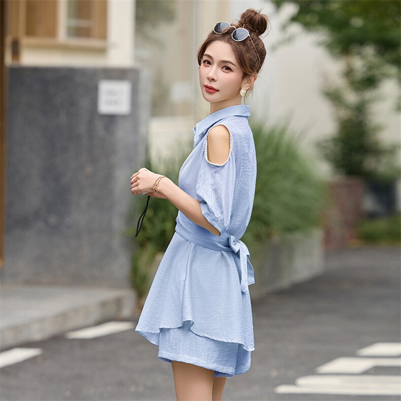声雨竹露肩收腰衬衫短裤套装女2025夏季穿搭一整套小个子时尚洋气，女装套装/套裙，超帛