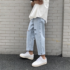 主推2021夏季破洞牛仔裤男港风老爹乞丐裤蓝色1008-KZ07/，男装牛仔裤，星座1008