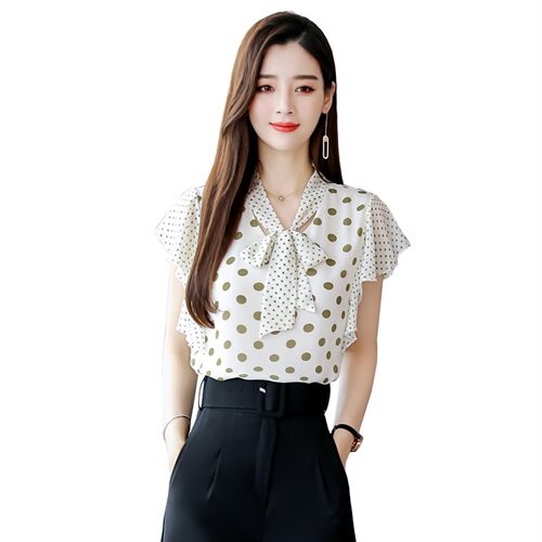 2023新款印花圆点蝴蝶结雪纺衫V领荷叶边衬衫,女装衬衫,星宇服饰