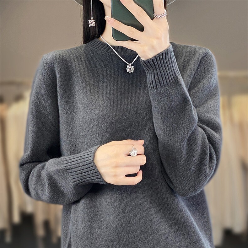 长袖圆领纯色2024年秋季套头羊毛针织衫简约,女装羊毛衫,羊秋羊绒