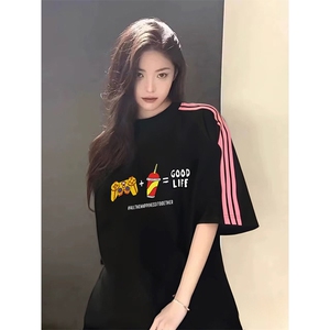 抖音得物品质二开240克宽松纯棉美式潮牌印花三条杠中性风短袖T恤图片
