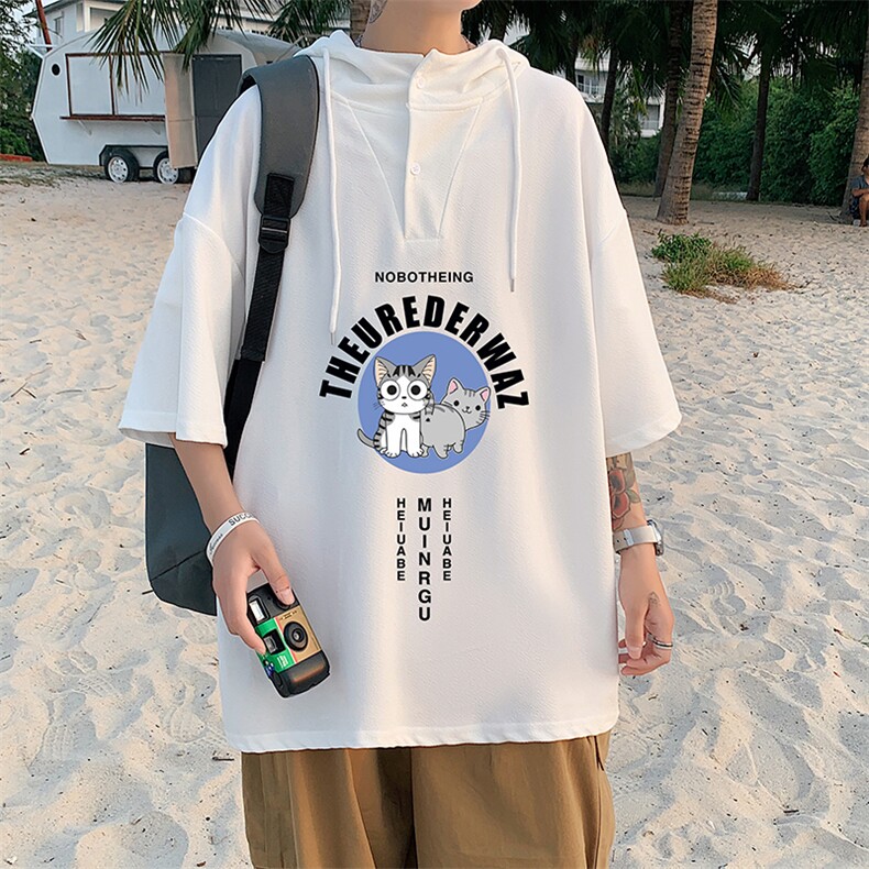 LD54160-P45连帽短袖t恤男大码胖子带帽五分袖中袖,男装T恤,电商A040