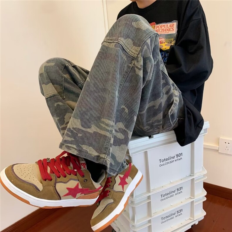 美式迷彩裤男直筒工装牛仔裤hiphop高街ins水洗休闲长裤MC37-P53图片