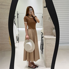 拼色圆领短袖拼接纯棉半身裙，女装连衣裙，优麦羊绒（原洪叶羊绒）