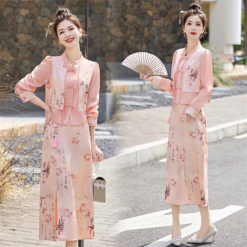 新中式轻G风套装女2026春秋新款高级感禅意印花盘扣半身裙两件套，女装套装/套裙，奕薇雅