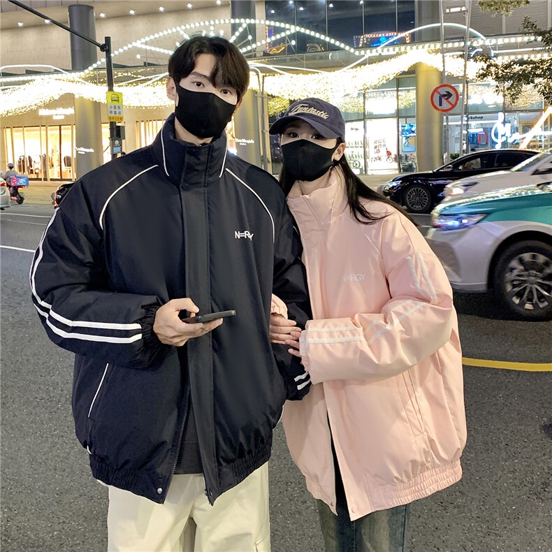 情侣装冬装港风条纹织带棉服棉衣休闲加厚外套男女G1107P118,男装棉衣,电商A339