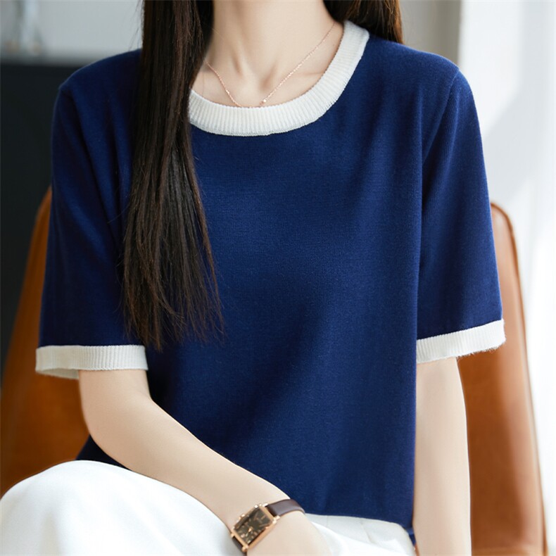 夏季新款韩版宽松短袖针织衫女圆领拼色百搭上衣,针织衫/毛衣,唐诺