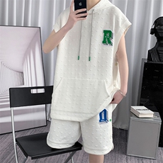 夏上新简约无袖T恤套装潮牌提花背心短裤两件套8028-P90控价118，男装背心/马甲，电商A441-1