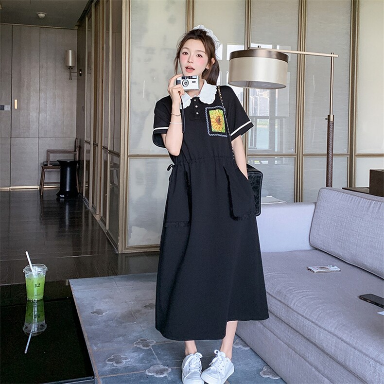 甜美撞色翻领收腰黑色连衣裙女夏2025新款休闲气质大方得体长裙子图片