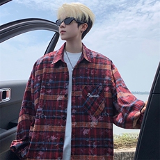 衬衫男秋季新款港风宽松大码格子扎染刺绣长袖衬衣CS3016-P38，男装衬衫，星座214-3