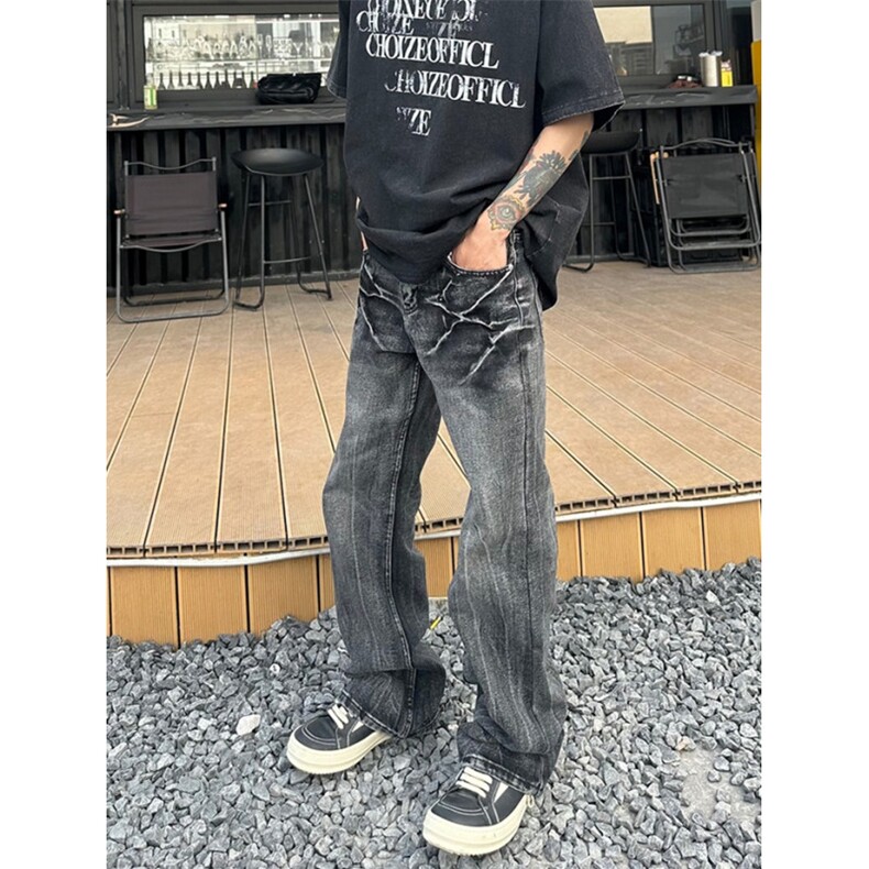 闪电裂纹做旧洗水显瘦百搭裤子宽松直筒微喇黑色牛仔裤男NT0814,男装牛仔裤,星座1116A（原606A-3）