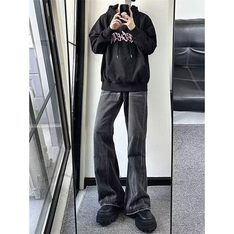宽松微喇牛仔裤男水洗做旧破坏复古长裤美式高街黑灰色拖地裤,男装牛仔裤,星座506A