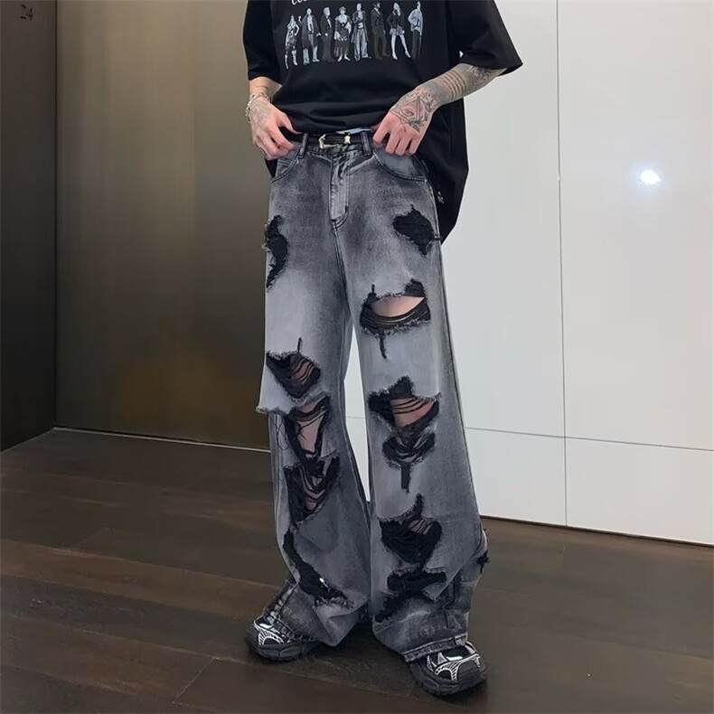 美式破洞设计感牛仔裤男款潮牌阔腿裤夏季薄款长裤DA33-P46，男装牛仔裤，星座208-5