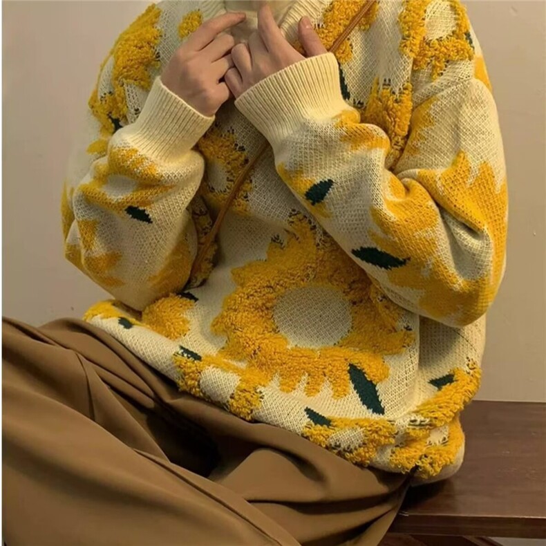 秋冬潮牌向日葵毛衣男情侣款日系复古慵懒风宽松针织衫MY222P53,男装针织衫/毛衣,星座1013-5