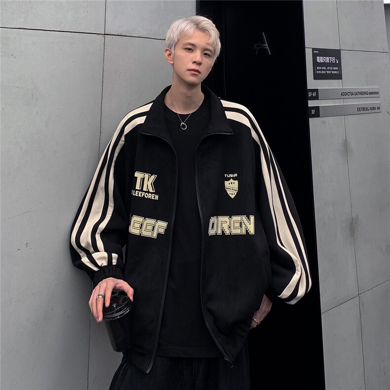 美式鹿皮绒棒球服外套男2024春秋季新款拼接开衫卫衣JK108-P78,男装卫衣,电商C307