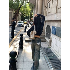 做旧涂鸦泼墨牛仔裤男款2025新款秋季宽松直筒美式潮牌阔腿长裤子，男装牛仔裤，星座506A