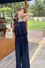 藏青色氛围感辣妹牛仔吊带背心套装女夏新款洋气薄款阔腿裤两件套，女装套装/套裙，2C271