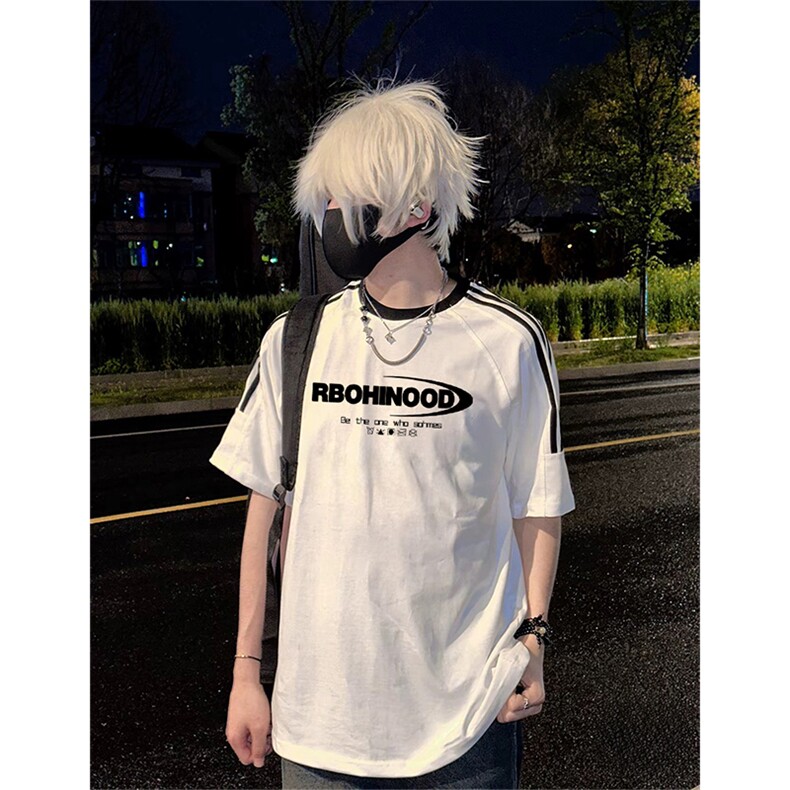 抖音得物供货240克宽松纯棉美式潮牌印花三杠半织带短袖T恤AT1608，男装T恤，电商A443