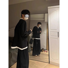 美式复古假两件叠穿长袖T恤男打底衫宽松上衣LW5666-P32加绒42，男装T恤，星座1008