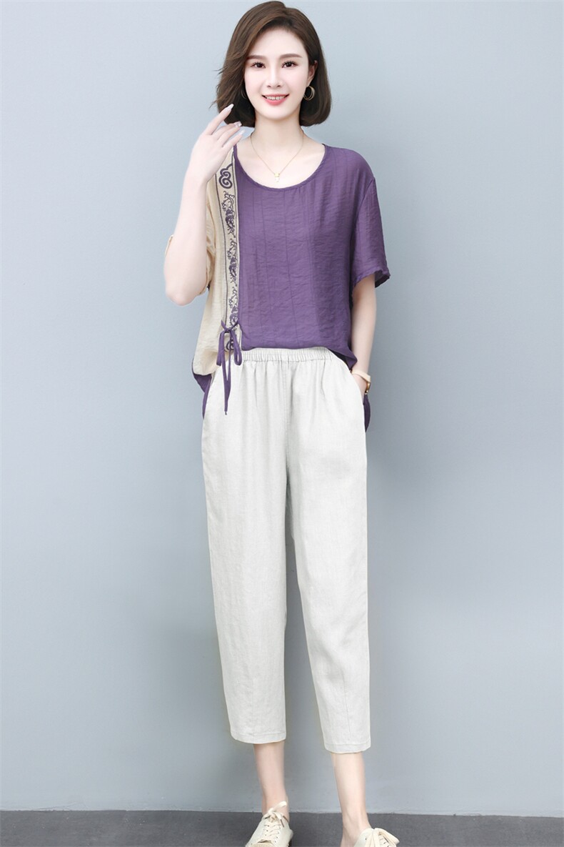 小个子棉麻套装女2025年夏季新款时尚宽松休闲薄款苎麻两件套裤子,女装套装/套裙,璐依舞