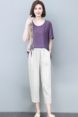 小个子棉麻套装女2025年夏季新款时尚宽松休闲薄款苎麻两件套裤子，女装套装/套裙，璐依舞