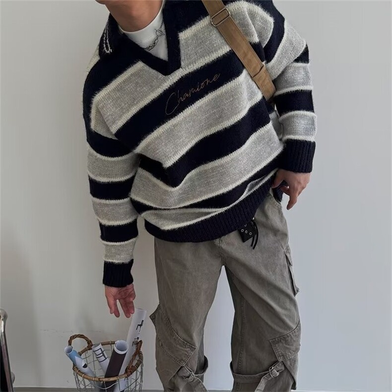 男女毛衣韩系慵懒风条纹V领针织毛衣女秋季新款宽松百搭显瘦上衣,男装针织衫/毛衣,星座302B