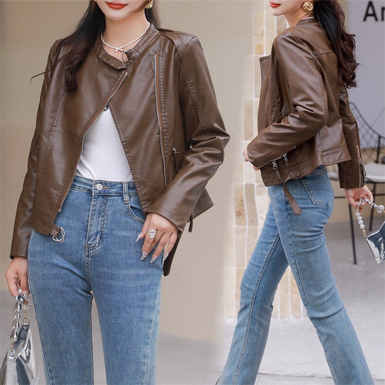 2023新款欧货高级款春秋皮衣外套女士短款高腰咖色机车pu皮夹克，女装皮衣，江南女神