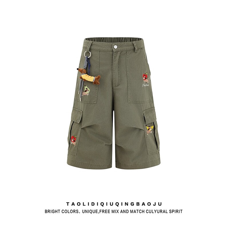 趣味小狗刺绣工装七分裤美式潮牌慵懒宽松直筒显瘦短裤，女装休闲裤，星座1210-1